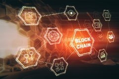 Blockchain technology network concept with digital hexagon icons and glowing data connections